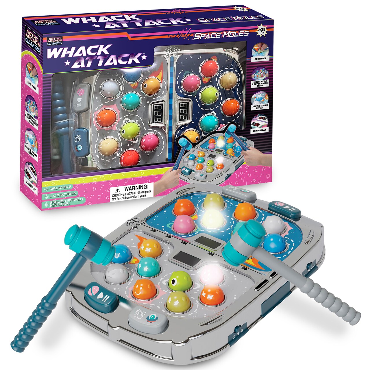 Thin Air Games: Whack Attack - Space Mole - Lights/Sounds Tabletop Game, 36 Levels, LCD Scoring, Arcade Coin Mode, Single Player-Super Battle, Kids 3+